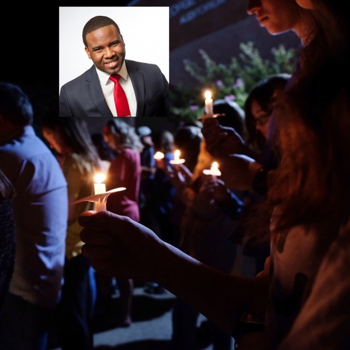 Students at Harding University in Arkansas remember 2016 graduate Botham Shem Jean (inset) during a candlelight vigil held at the school on Monday September 10, 2018. Jean was fatally shot inside his Dallas apartment by local police officer Amber Guyger on Thursday September 6, 2018.