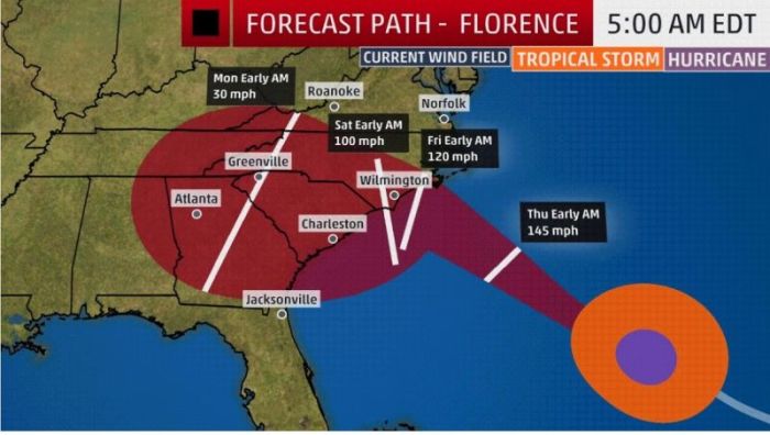 Hurricane Florence projected path map as it moves toward landfall on Thursday, September 13, 2018.
