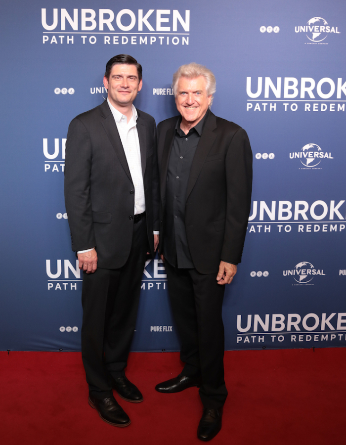 Will Graham and Luke Zamperini pose for a photo at the screening for 'Unbroken: Path to Redemption' in Dallas, Texas, Sept. 6, 2018.