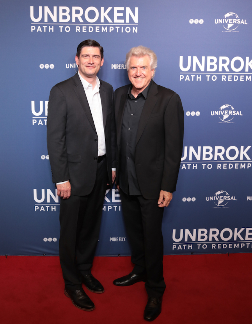 Will Graham and Luke Zamperini pose for a photo at the screening for "Unbroken: Path to Redemption" in Dallas, Texas, Sept. 6, 2018.