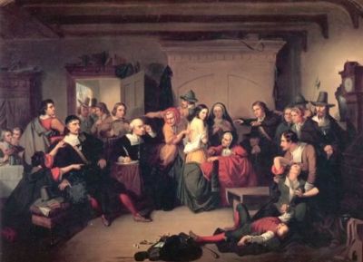 An 1853 painting by Tompkins Harrison Matteson depicting the examination of an alleged witch during the seventeenth century Salem Witch Trials in colonial Massachusetts.
