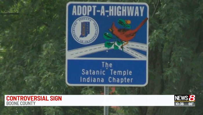 The Satanic Temple adopt-a-highway sign in Indiana in September 2018.