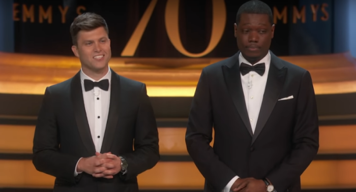 Colin Jost (left) and Michael Che (right) host the 70th Emmy Awards, September 17, 2018.