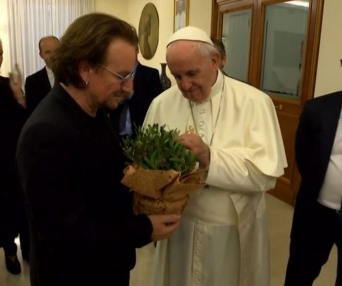 Bono and Pope Francis during a meeting at the Vatican on September 19, 2018.