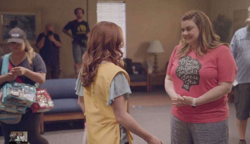 Actress Ashley Bratcher (center) who portrays Abby Johnson (right) on the set of the movie "Unplanned."