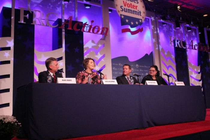 Republican state rep. Kayla Kessinger (middle left) of West Virginia speaks during a panel session on 'putting faith in politics' at the Family Research Council's 2018 Values Voters Summit at the Omni Shoreham Hotel in Washington, D.C. on Sept. 21, 2018. Others on the panel included Mark Harris, senior pastor at First Baptist Charlotte in North Carolina (far left); Tennessee state Sen. Mark Green (middle right); and Elizabeth Schultz, a member of the Fairfax County School Board in Virginia (far right).