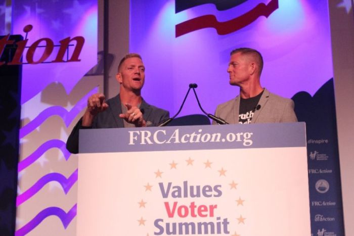 Jason (L) and David (R) Benham speak at the Family Research Council' Values Voters Summit at the Omni Shoreham Hotel in Washington, D.C. on Sept. 21, 2018.