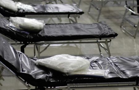 Cots are set up in C3 Church in Clayton, North Carolina to accommodate medical evacuees during Hurricane Florence on Sept. 14, 2018.