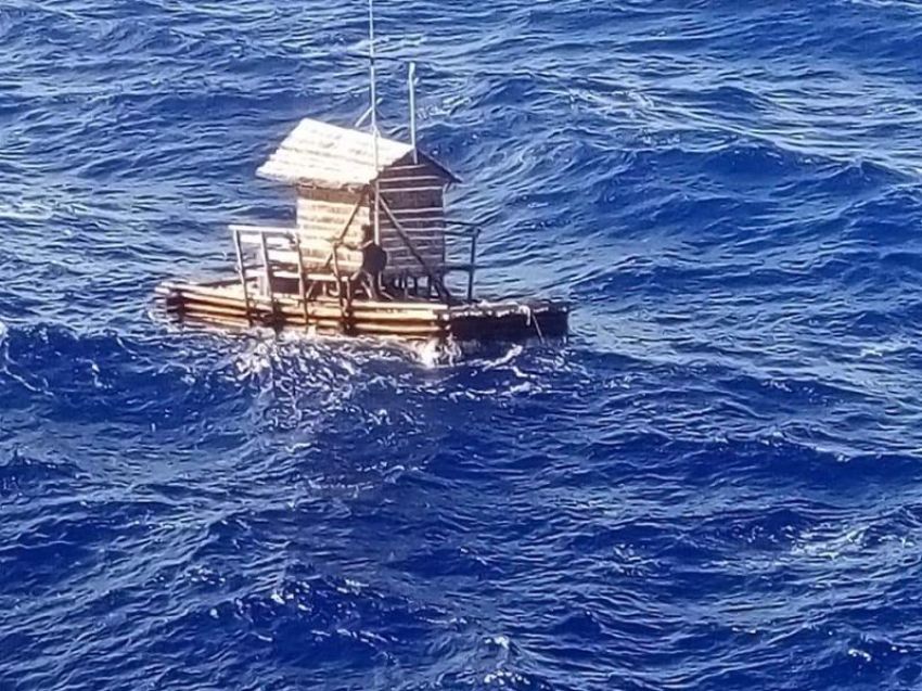 Aldi Novel Adilang is cast away on a rompong (floating fish trap) in the middle of the Pacific Ocean before being rescued by the crew of a Panama-flagged vessel called "Arpeggio" on Aug. 31, 2018, in the waters near Guam.