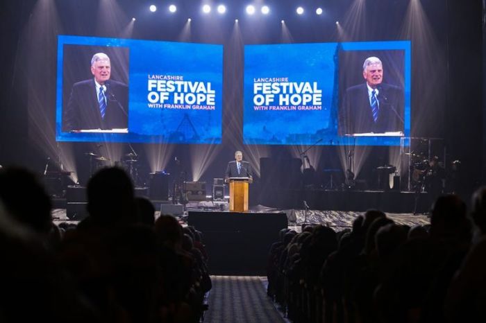 Franklin Graham preaching at the 'Festival of Hope' which took place September 21-23, 2018, in Blackpool, England.
