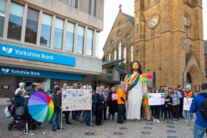 LGBT protesters outside Franklin Graham's three-day evangelistic event in Blackpool, U.K., September 21-23, 2018.