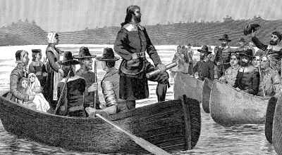 Roger Williams, founder of Rhode Island, returns from England in 1644 with a charter for Providence colony.