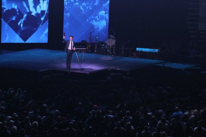 Thousands listen to Joel Osteen preach during one of his 'Night of Hope' events at Capitol One Arena in Washington, D.C. on Oct. 6, 2018.