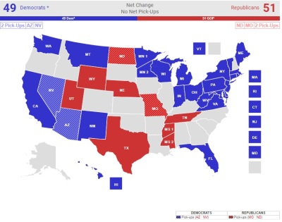 A Senate election prediction map by RealClearPolitics, accessed Tuesday, Oct. 9, 2018.