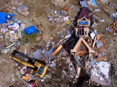 Overhead view of destroyed Gereja GPID Patmos Church in Jono Oge, Indonesia