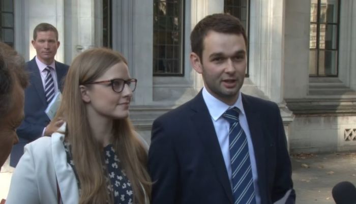 Daniel McArthur (R) and his wife Amy of Ashers Bakery following the Supreme Court ruling in London on October 10, 2018.