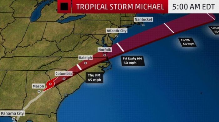 Hurricane Michael's path in the southeast coast, Oct. 11, 2018.