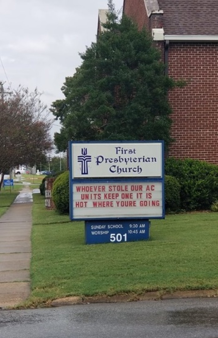 A sign for First Presbyterian Church of Benton, Arkansas that went viral on social media.