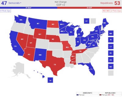 A Senate election prediction map by RealClearPolitics, accessed Monday, Oct. 15, 2018.