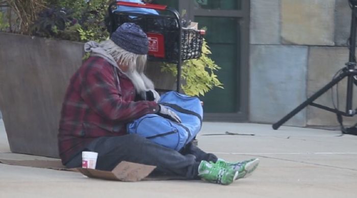 Harvest Bible Church Pastor James MacDonald dresses up like a homeless man and sits outside of one of Harvest's seven campuses in Illinois.