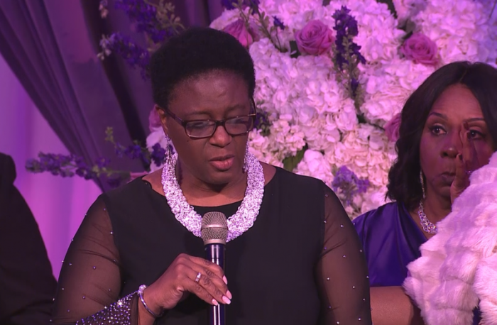 Serita Jakes, wife of Bishop T.D. Jakes (R) weeps as she listens to Allison Jean, mother of Botham Jean, who received the Lady of Grace award from Trayvon Martin's mother, Sybrina Fulton, during the God's Leading Ladies gala at Bishop T.D. Jakes' Woman, Thou Art Loosed! Master Class conference on Oct. 17, 2018.