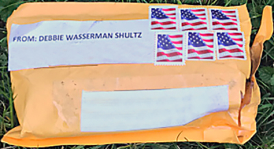 Exterior of one of the suspicious packages sent to prominent Democrats on Oct. 24, 2018.