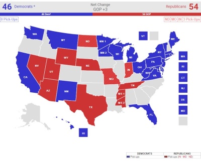 A Senate election prediction map by RealClearPolitics, accessed Monday, Oct. 22, 2018.