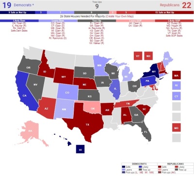 RealClearPolitics' '2018 Governor Races' map, accessed Monday, Oct. 29, 2018.