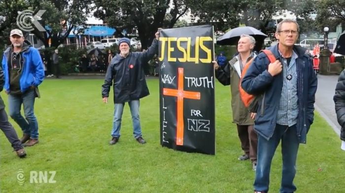 Christian protesters rallying outside of the parliament house in New Zealand on October 30, 2018.