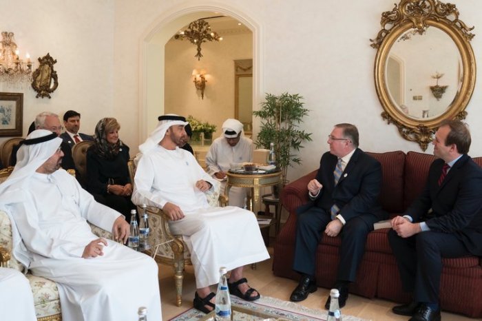 Crown Prince of Abu Dhabi Sheikh Mohamed bin Zayed Al Nahyan (center) welcomes a delegation of American evangelicals, including Joel C. Rosenberg (on couch, left) and Rev. Johnnie Moore (on couch, right), into his home in the United Arab Emirates.