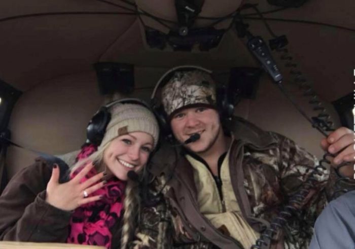 Late newlyweds, William Byler and his wife Bailee Ackerman Byler in happier times on a helicopter.