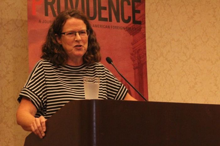 Mary Haybeck, adjunct professor at Johns Hopkins School of Advanced & International Studies, speaks at the Christianity & National Security conference hosted by Providence: A Journal of Christianity & American Foreign Policy at the Georgetown University Hotel and Conference Center on Nov. 2, 2018.