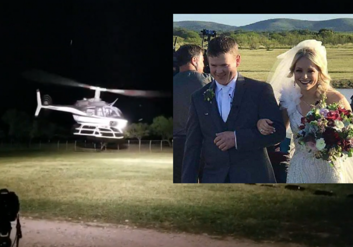 Late newlyweds, William Byler and his wife Bailee Ackerman Byler (inset) are captured in their final moments leaving their wedding reception in the doomed helicopter (pictured).
