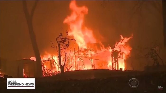 A wildfire burned through scores of homes in Southern California in this video uploaded on November 10, 2018.