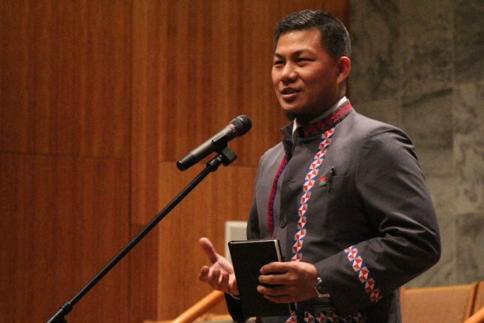 Gum San Nsang, president of the international advocacy group Kachin Alliance, speaks at the 5th Annual Night of Prayer hosted by One Body at the Chinese Community Church in Washington, D.C. on Nov. 10, 2018.
