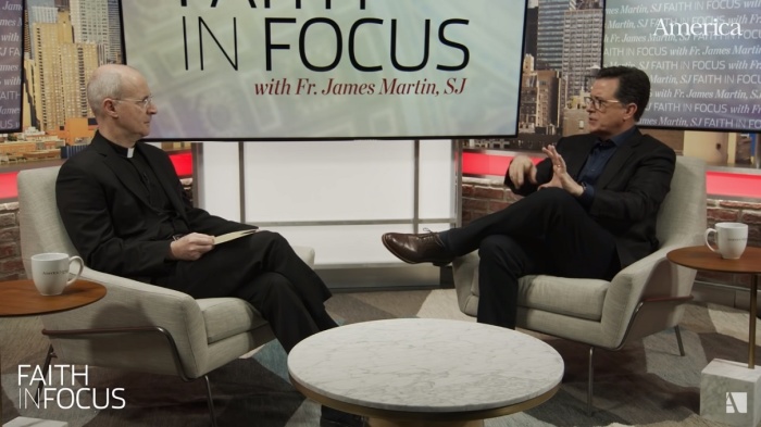 Stephen Colbert (R) shares his conversion experience as a young adult with Faith in Focus host Fr. James Martin, SJ. on November 15, 2018.