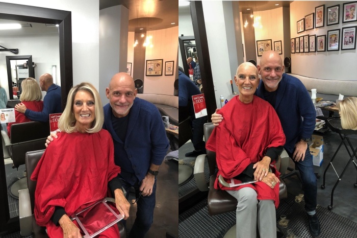 Evangelist Anne Graham Lotz posing with Doug David, owner of The Douglas Carroll Salon, after shaving her head for cancer treatment in November 2018.
