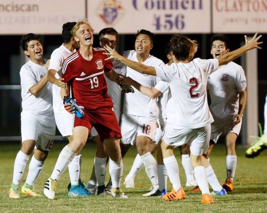 The late Cole Ungaro (in red) celebrates with his soccer team at Faith Christian School.