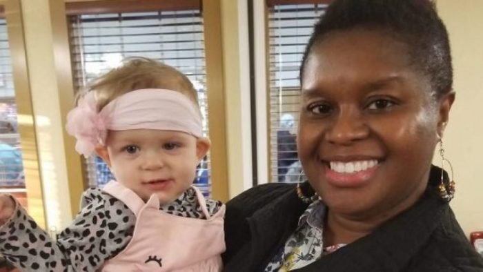 Hannah Jarvis was eating at Golden Corral with her family when her 7-month-old daughter Calli started choking. The baby is pictured with Deborah Rouse. 