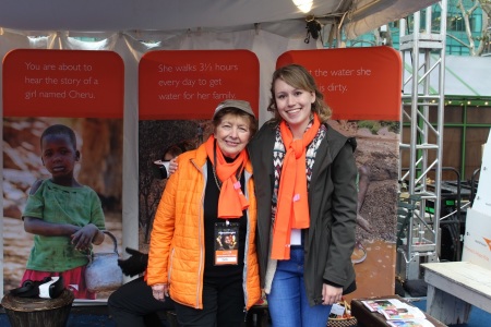 Volunteers, Dee Billing (L) and Emily Smith (R) at World Vision's interactive pop-up shop in Bryant Park, New York City, on Monday November 26, 2018.