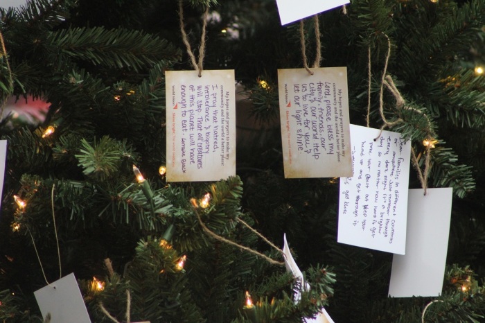 Messages of hope and prayers on a Christmas 'Hope Tree' at World Vision's interactive pop-up shop in Bryant Park, New York City on Monday November 26, 2018.