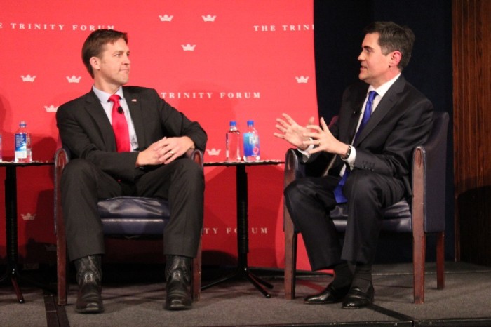 Russell Moore (R) and Sen. Ben Sasse, R-Neb., (L) talk during an evening conversation hosted by The Trinity Forum at the National Press Club in Washington, D.C. on Nov. 26, 2018.