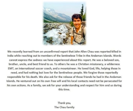 Instagram message from John Chau's message following his death in November 2018.