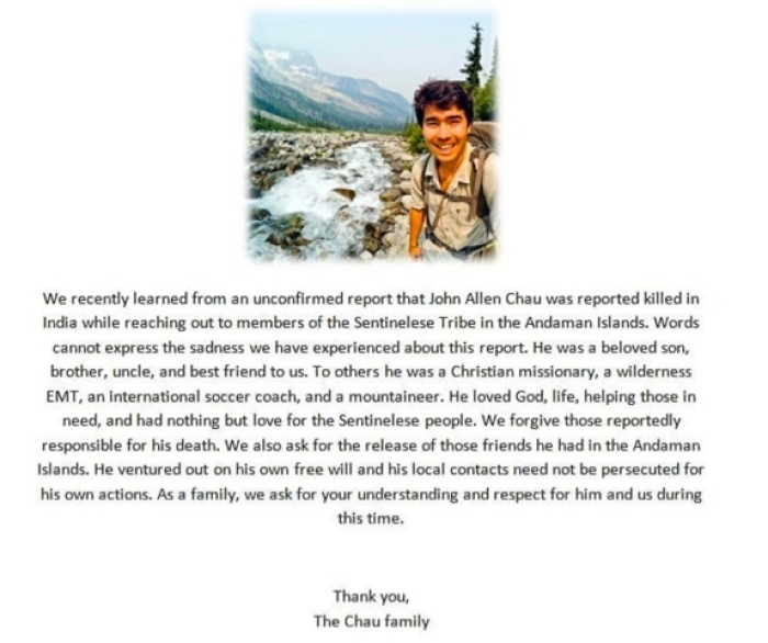 Instagram message from John Chau's message following his death in November 2018.