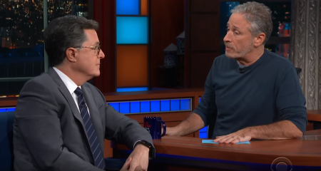 "Late Show" host Stephen Colbert (left) being interviewed by comedian Jon Stewart (right) on an episode airing in November 2018. 
