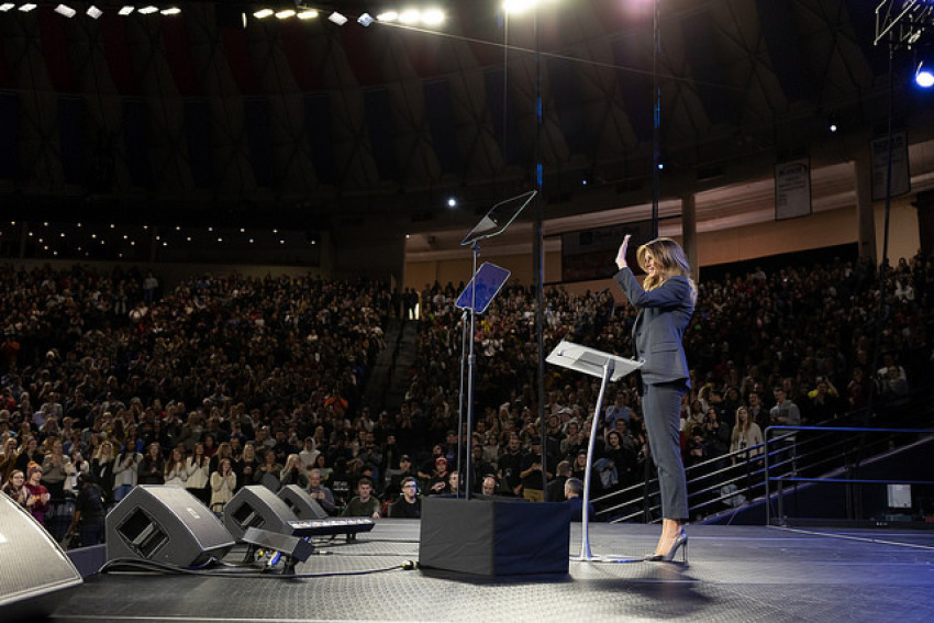 First Lady Melania Trump delivers remarks at an Opioid Town Hall Wednesday, Nov. 28, 2018, at Liberty University in Lynchburg Va.