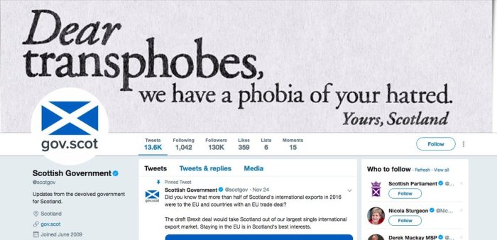 The Scottish government’s official Twitter page has put up a “Dear transphobes” message in November 2018.