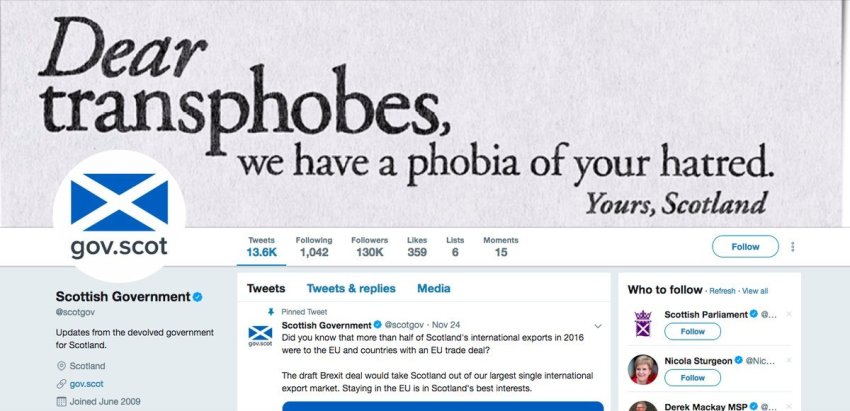 The Scottish government’s official Twitter page has put up a “Dear transphobes” message in November 2018.