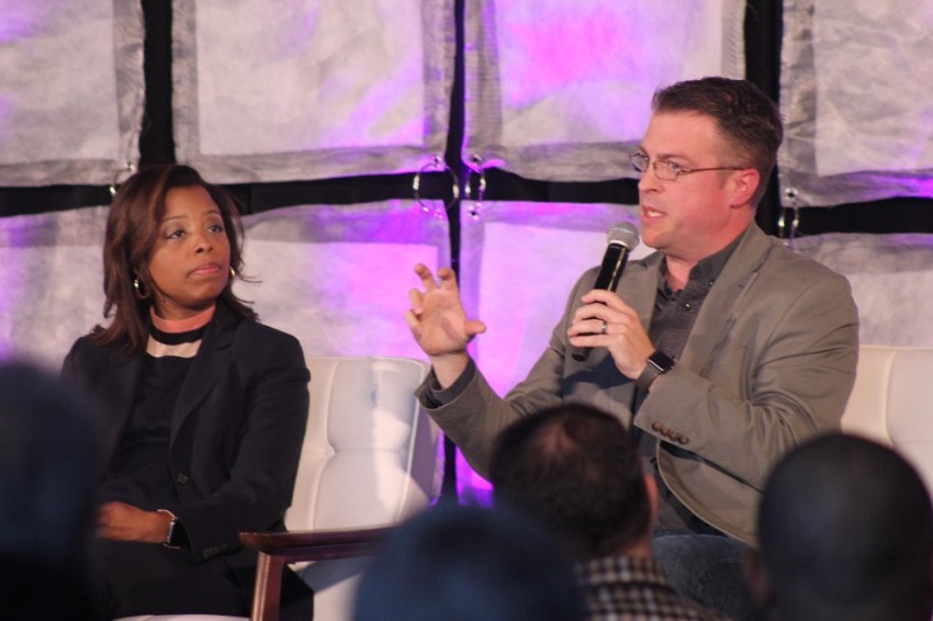 Rob Kelly (L), president of For Charlotte, speaks at the 100 Cities Summit hosted by Movement Day at the Museum of the Bible in Washington, D.C. on Nov. 29, 2018. To his right is Nicole Martin, the senior metro ministry mobilizer at the American Bible Society and founder of Soulfire International Ministries.