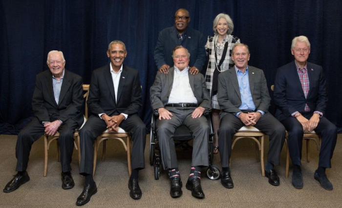 Sam and Joyce Moore with former Presidents Jimmy Carter, Barack Obama, George H.W. Bush, George W. Bush, and Bill Clinton at the One America Appeal concert in College Station, Texas, October 2017.